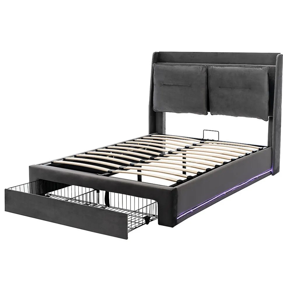 Lit rembourré hydraulique 160x200cm, tiroirs de rangement, avec sommier à lattes, sans matelas, velours, gris foncé