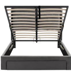 Lit rembourré hydraulique 160x200cm, tiroirs de rangement, avec sommier à lattes, sans matelas, velours, gris foncé