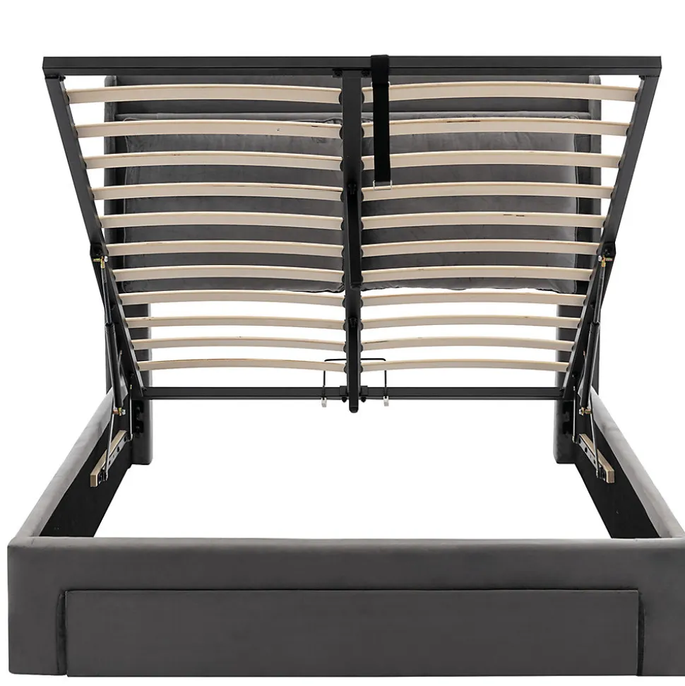 Lit rembourré hydraulique 160x200cm, tiroirs de rangement, avec sommier à lattes, sans matelas, velours, gris foncé