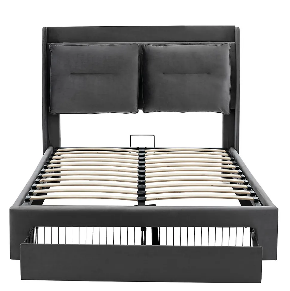 Lit rembourré hydraulique 160x200cm, tiroirs de rangement, avec sommier à lattes, sans matelas, velours, gris foncé