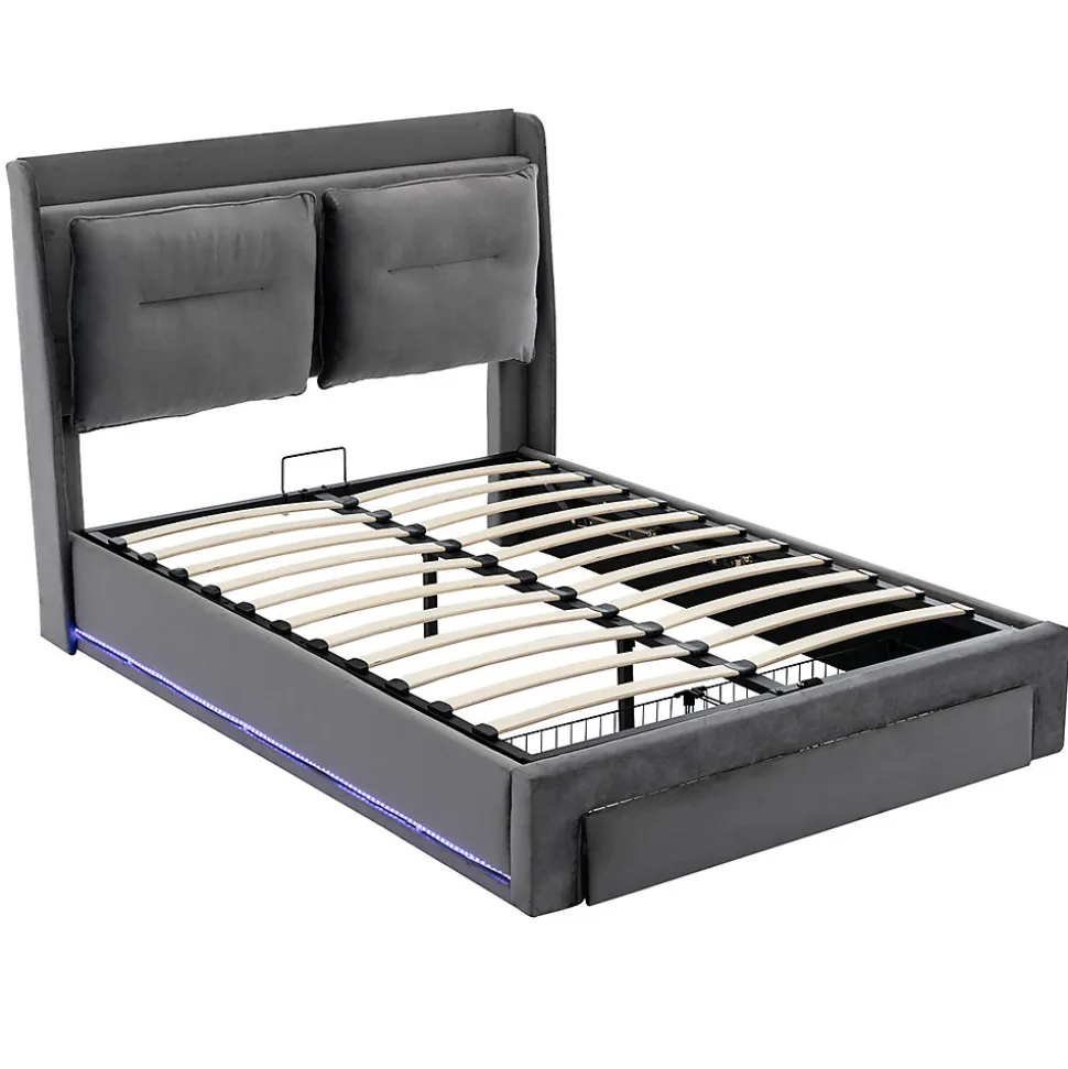 Lit rembourré hydraulique 160x200cm, tiroirs de rangement, avec sommier à lattes, sans matelas, velours, gris foncé