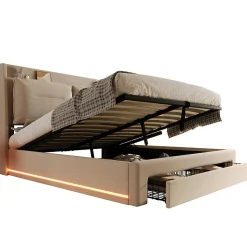 Lit rembourré hydraulique 160x200cm, tiroirs de rangement, avec sommier à lattes, sans matelas, velours, beige