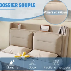 Lit rembourré hydraulique 160x200cm, tiroirs de rangement, avec sommier à lattes, sans matelas, velours, beige