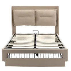 Lit rembourré hydraulique 160x200cm, tiroirs de rangement, avec sommier à lattes, sans matelas, velours, beige