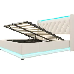 Lit rembourré hydraulique 140x200cm, lit de rangement, tête de lit avec fonction de chargement usb typ-c, pu, blanc, sans matelas
