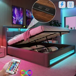 Lit rembourré hydraulique 140x200 cm lit de rangement lit usb lit en métal lit cadre à lattes en bois lit led double lin gris