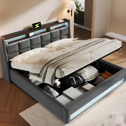 Lit rembourré hydraulique 140x200 cm lit de rangement lit usb lit en métal lit cadre à lattes en bois lit led double lin gris