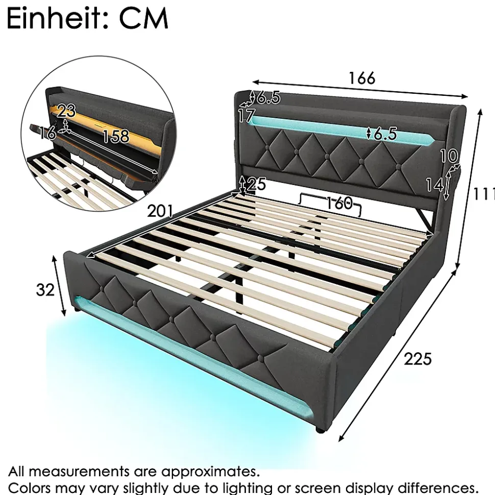 Lit rembourré hydraulique 160x200cm, lit double, tête de lit de rangement avec port usb et type c, lin, gris, avec matelas