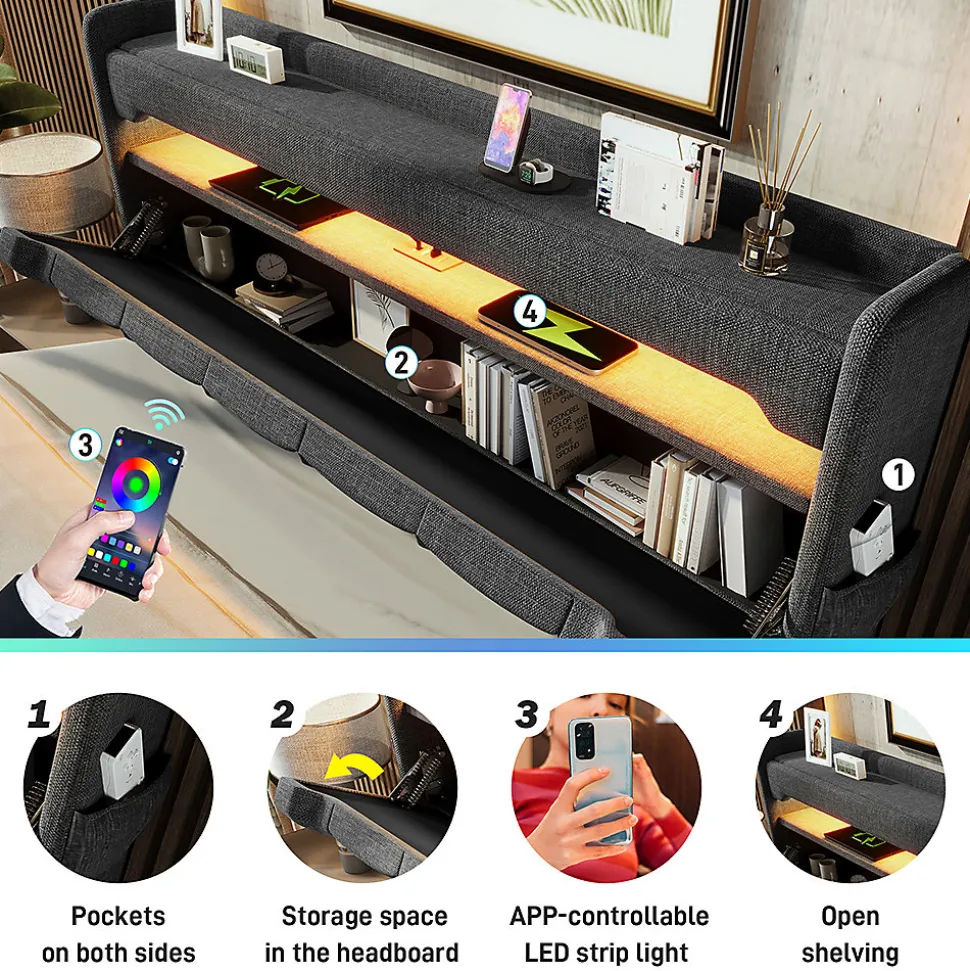 Lit rembourré hydraulique 160x200cm, lit double, tête de lit de rangement avec port usb et type c, lin, gris, avec matelas