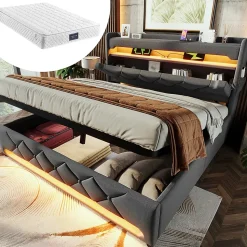 Lit rembourré hydraulique 160x200cm, lit double, tête de lit de rangement avec port usb et type c, lin, gris, avec matelas