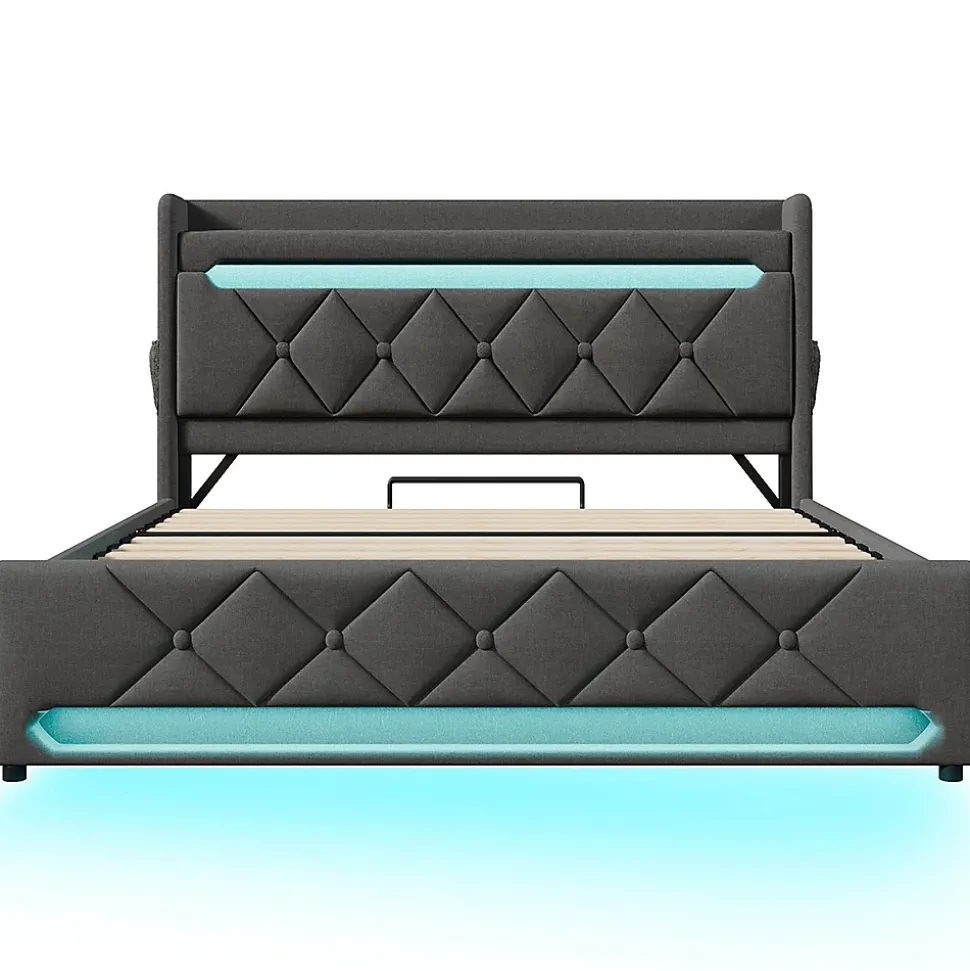 Lit rembourré hydraulique 160x200cm, lit double, tête de lit de rangement avec port usb et type c, lin, gris, avec matelas