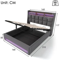 lit rembourré hydraulique 160x200 cm, lit de rangement LED avec port USB, sommier à lattes et cadre métallique, lin, gris