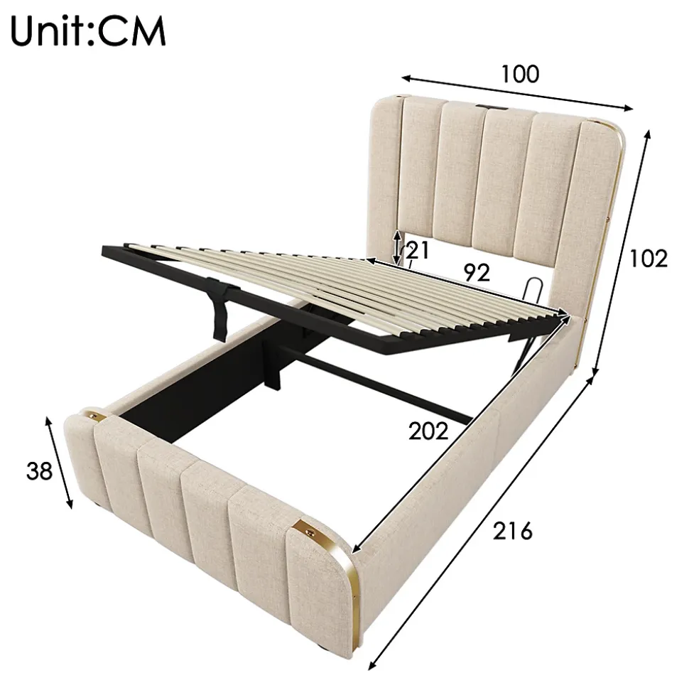 Lit rembourré hydraulique 90x200cm, lit avec rangement, tête de lit avec fonction de recharge USB Type-C, lin, beige, sans matelas