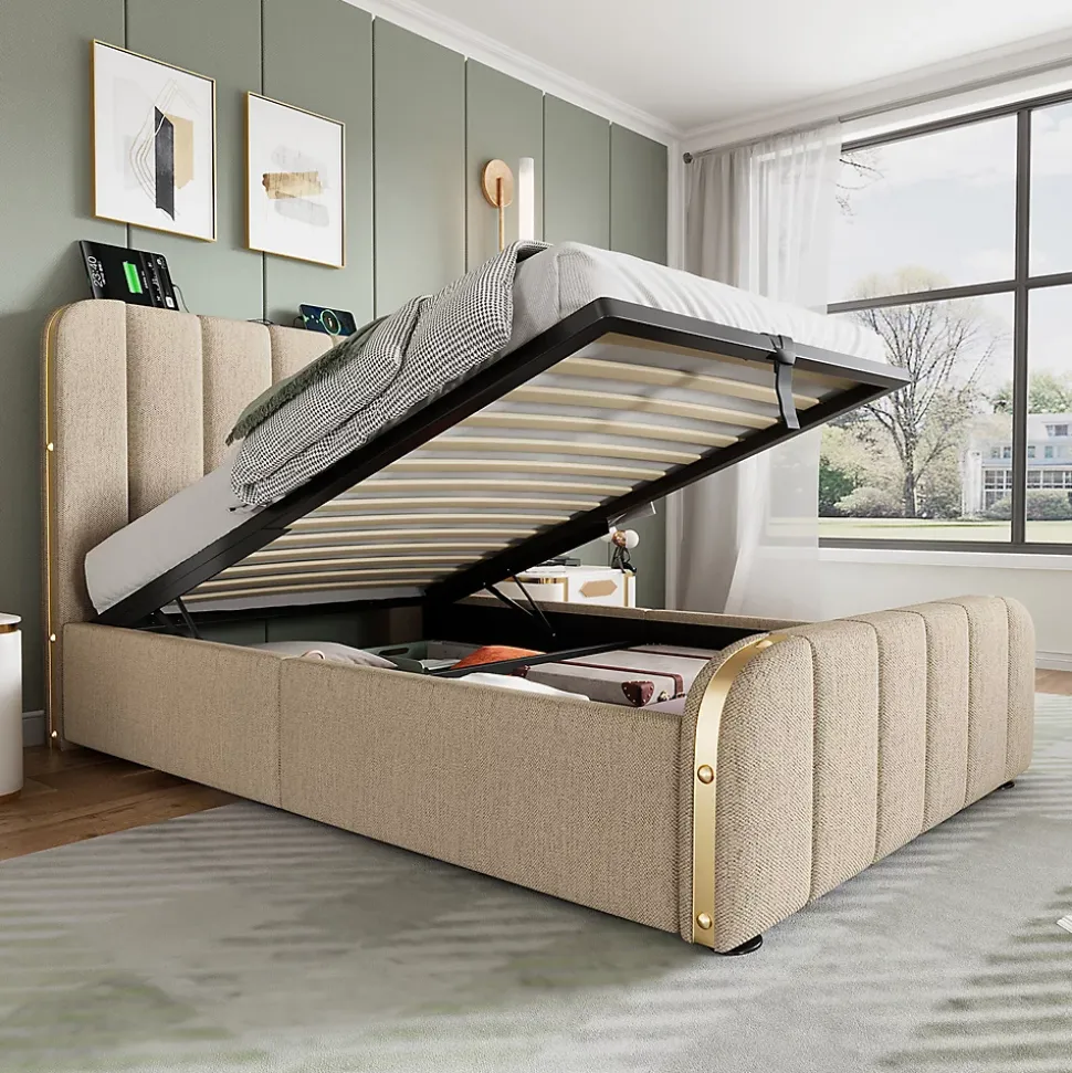 Lit rembourré hydraulique 90x200cm, lit avec rangement, tête de lit avec fonction de recharge USB Type-C, lin, beige, sans matelas
