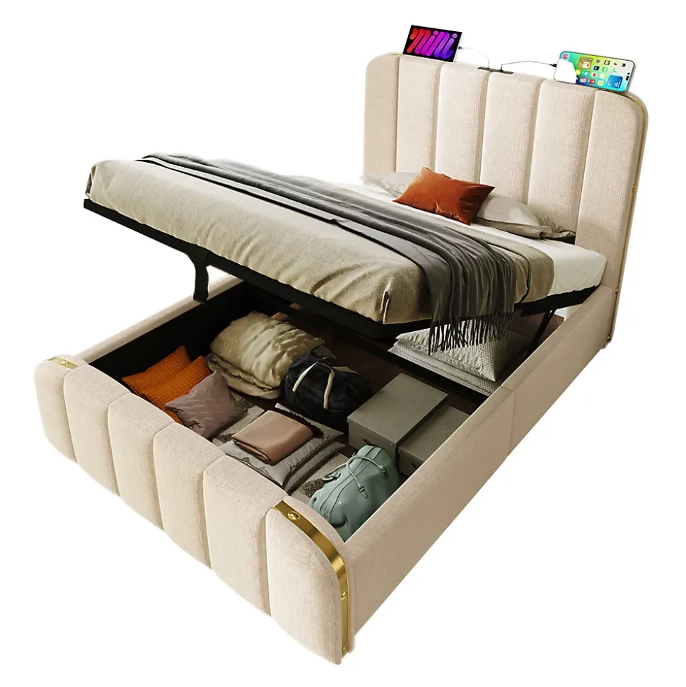 Lit rembourré hydraulique 90x200cm, lit avec rangement, tête de lit avec fonction de recharge USB Type-C, lin, beige, sans matelas