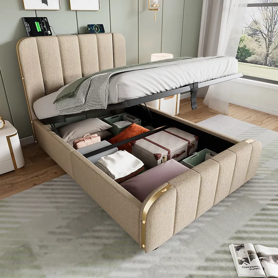 Lit rembourré hydraulique 90x200cm, lit avec rangement, tête de lit avec fonction de recharge USB Type-C, lin, beige, sans matelas