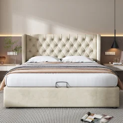 Lit rembourré hydraulique 160x200cm, forme d'oreille, lit de rangement lit double avec sommier à lattes, tissu velours, beige