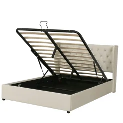 Lit rembourré hydraulique 160x200cm, forme d'oreille, lit de rangement lit double avec sommier à lattes, tissu velours, beige