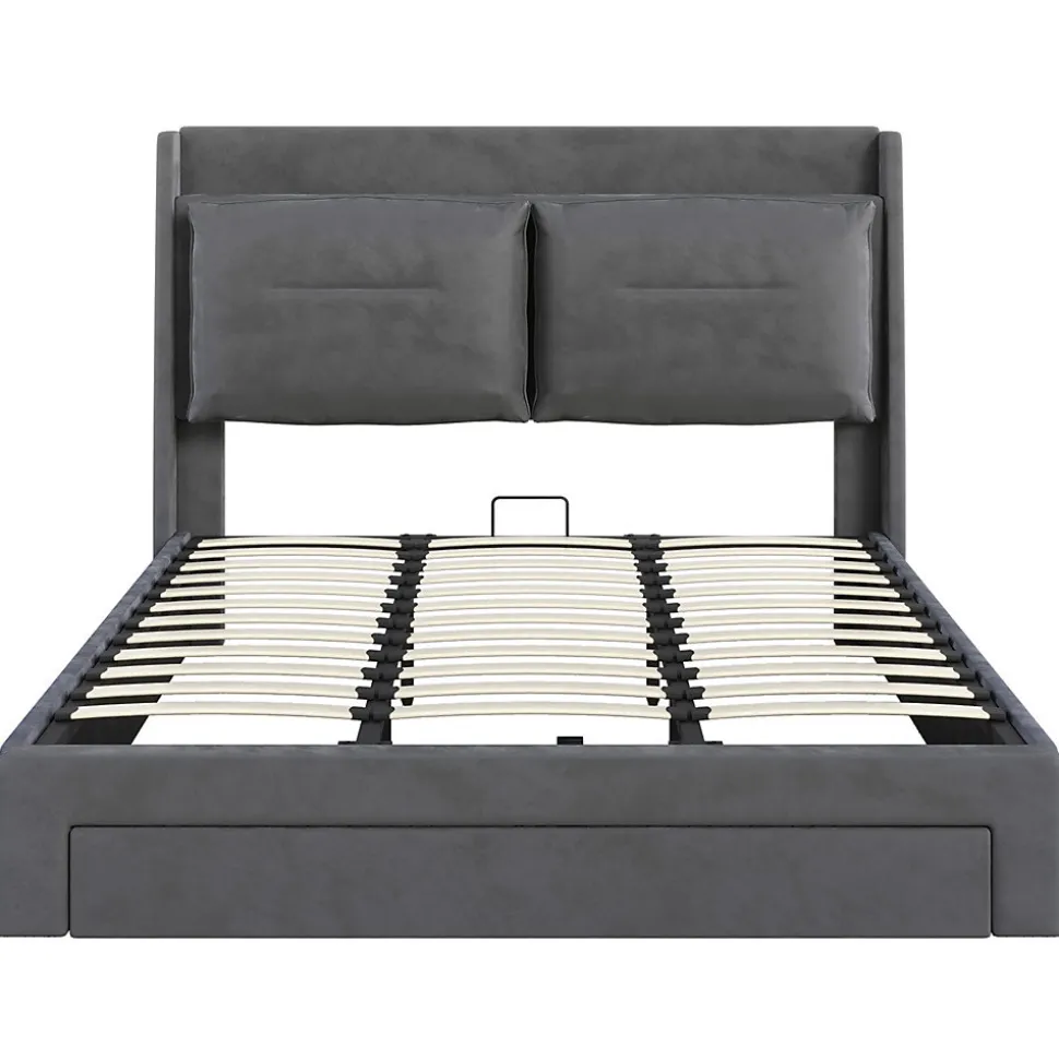 Lit rembourré hydraulique 180x200cm, tiroirs de rangement, avec sommier à lattes, sans matelas, velours, gris foncé