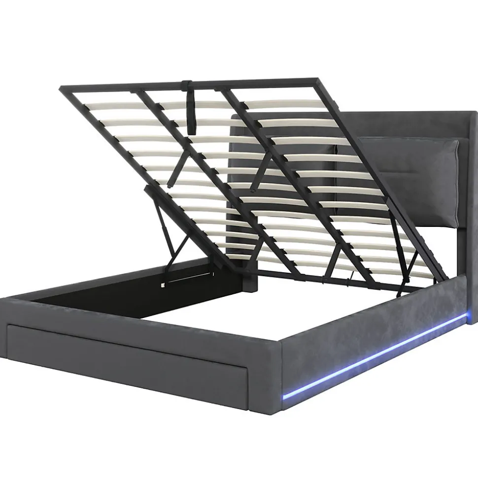 Lit rembourré hydraulique 180x200cm, tiroirs de rangement, avec sommier à lattes, sans matelas, velours, gris foncé