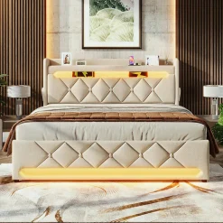 Lit rembourré hydraulique 160x200cm, lit double, tête de lit de rangement avec port usb et type c, lin,beige,avec matelas