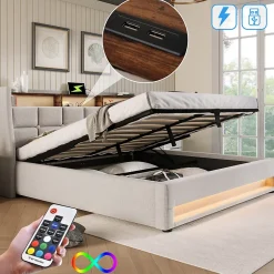 Lit rembourré hydraulique 160x200 cm lit de rangement lit usb lit en métal lit cadre à lattes en bois lit led double lin beige