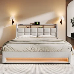 Lit rembourré hydraulique 160x200 cm lit de rangement lit usb lit en métal lit cadre à lattes en bois lit led double lin beige