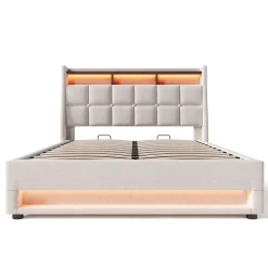 Lit rembourré hydraulique 160x200 cm lit de rangement lit usb lit en métal lit cadre à lattes en bois lit led double lin beige