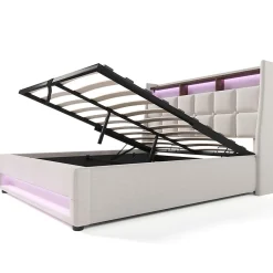 Lit rembourré hydraulique 160x200 cm lit de rangement lit usb lit en métal lit cadre à lattes en bois lit led double lin beige