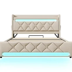 Lit rembourré hydraulique 140x200cm, lit double, espace de rangement en tête de lit avec port usb et type c, lin, beige