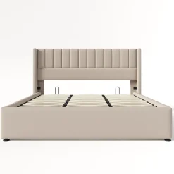 Lit rembourré hydraulique lit coffre lit 180x200 cm lit de rangement lit en métal lit cadre à lattes en bois lit double lin beige