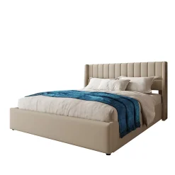 Lit rembourré hydraulique lit coffre lit 180x200 cm lit de rangement lit en métal lit cadre à lattes en bois lit double lin beige