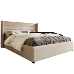 Lit rembourré hydraulique, 140x200cm, lit avec rangement, avec sommier à lattes en bois, structure métallique, lin, beige