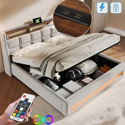 Lit rembourré LED 160 x 200 cm USB en lin Blackcolors