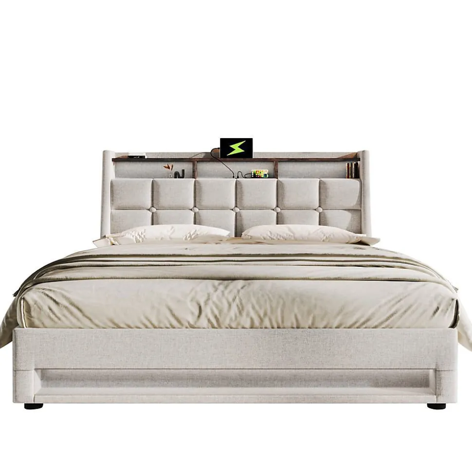 Lit rembourré LED 160 x 200 cm USB en lin Blackcolors