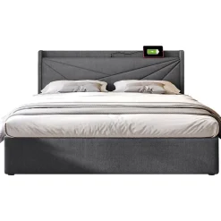 Lit rembourré lit coffre lit 180x200 cm lit de rangement lit tête de lit à fonction de charge usb type c lit double coton lin gris