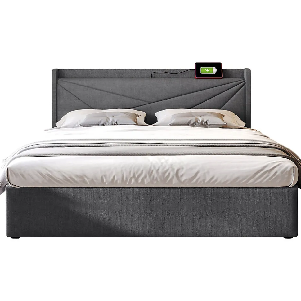 Lit rembourré lit coffre lit 180x200 cm lit de rangement lit tête de lit à fonction de charge usb type c lit double coton lin gris