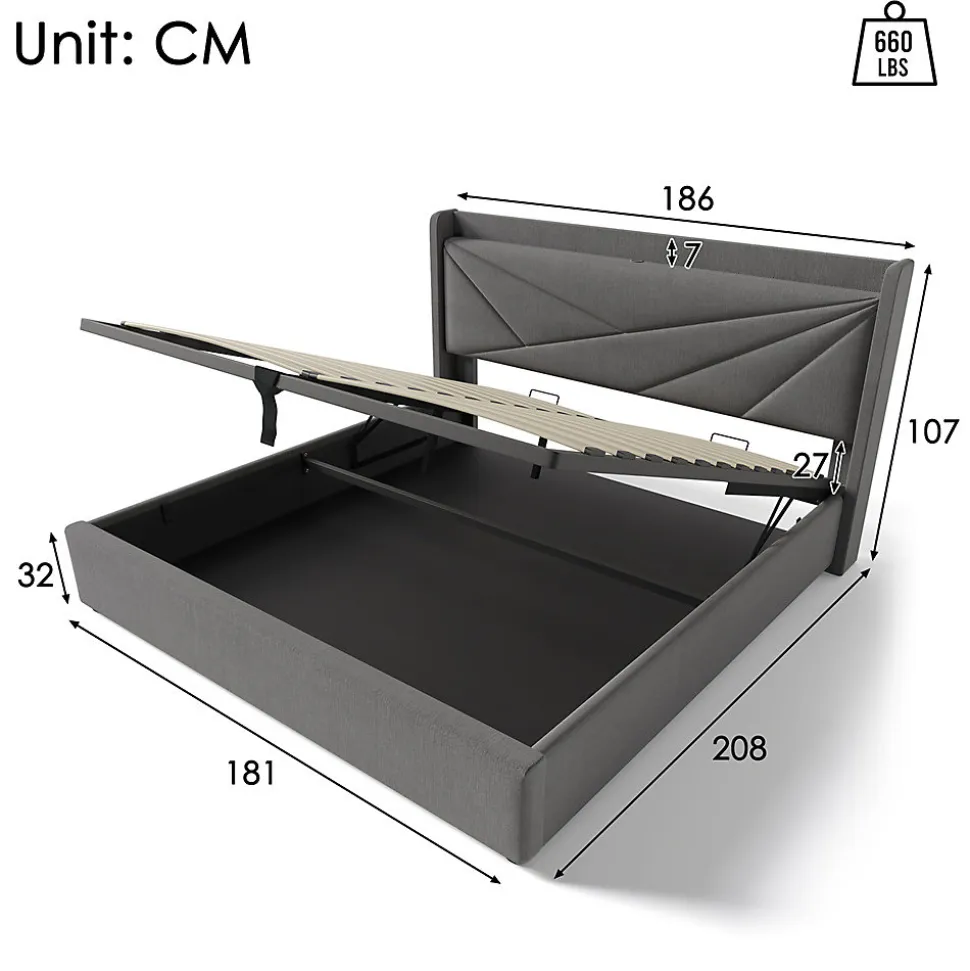Lit rembourré lit coffre lit 180x200 cm lit de rangement lit tête de lit à fonction de charge usb type c lit double coton lin gris