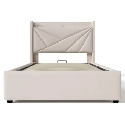 Lit rembourré lit coffre lit 90x200 cm lit de rangement lit tête de lit à fonction de charge usb type c Single coton lin beige