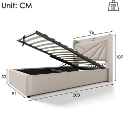 Lit rembourré lit coffre lit 90x200 cm lit de rangement lit tête de lit à fonction de charge usb type c Single coton lin beige
