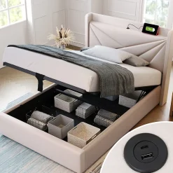 Lit rembourré lit coffre lit 90x200 cm lit de rangement lit tête de lit à fonction de charge usb type c Single coton lin beige