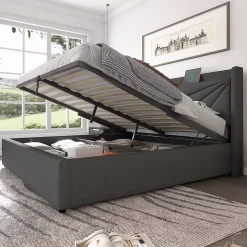 Lit rembourré lit coffre lit 160x200 cm lit de rangement lit tête de lit à fonction de charge usb type c lit double coton lin gris