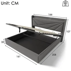 Lit rembourré lit coffre lit 160x200 cm lit de rangement lit tête de lit à fonction de charge usb type c lit double coton lin gris