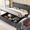 Lit rembourré lit coffre 140x200 cm lit de rangement lit tête de lit à fonction de charge usb type c lit double coton lin gris