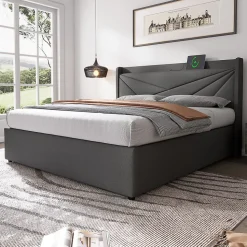 Lit rembourré lit coffre 140x200 cm lit de rangement lit tête de lit à fonction de charge usb type c lit double coton lin gris