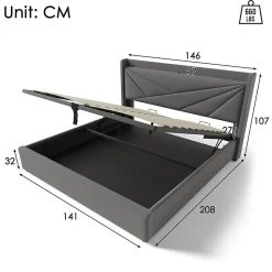 Lit rembourré lit coffre 140x200 cm lit de rangement lit tête de lit à fonction de charge usb type c lit double coton lin gris