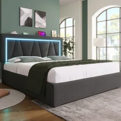 Lit rembourré lit coffre 140x200 cm lit de rangement lit eclairage led avec fonction de chargement usb type c lit double lin gris