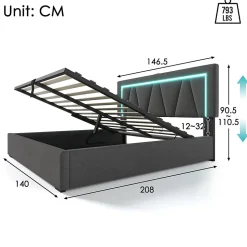 Lit rembourré lit coffre 140x200 cm lit de rangement lit eclairage led avec fonction de chargement usb type c lit double lin gris