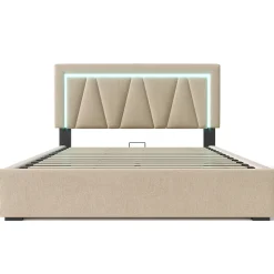 Lit rembourré lit coffre 160x200 cm lit de rangement lit eclairage led avec fonction de chargement usb type c lit double lin beige