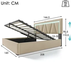 Lit rembourré lit coffre 160x200 cm lit de rangement lit eclairage led avec fonction de chargement usb type c lit double lin beige
